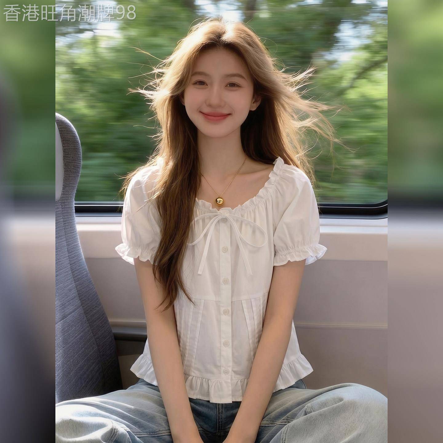 法式甜美风白色方领泡泡袖衬衫女2026年夏季新款系带收腰显瘦上衣