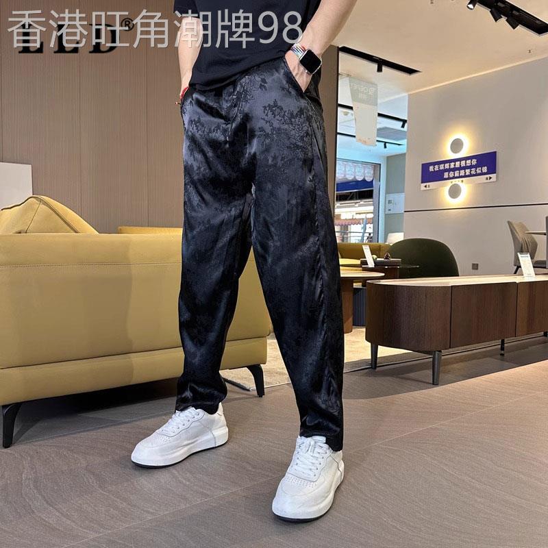 高端冰丝休闲裤男士夏季薄款中国风印花宽松束脚九分运动哈伦裤子
