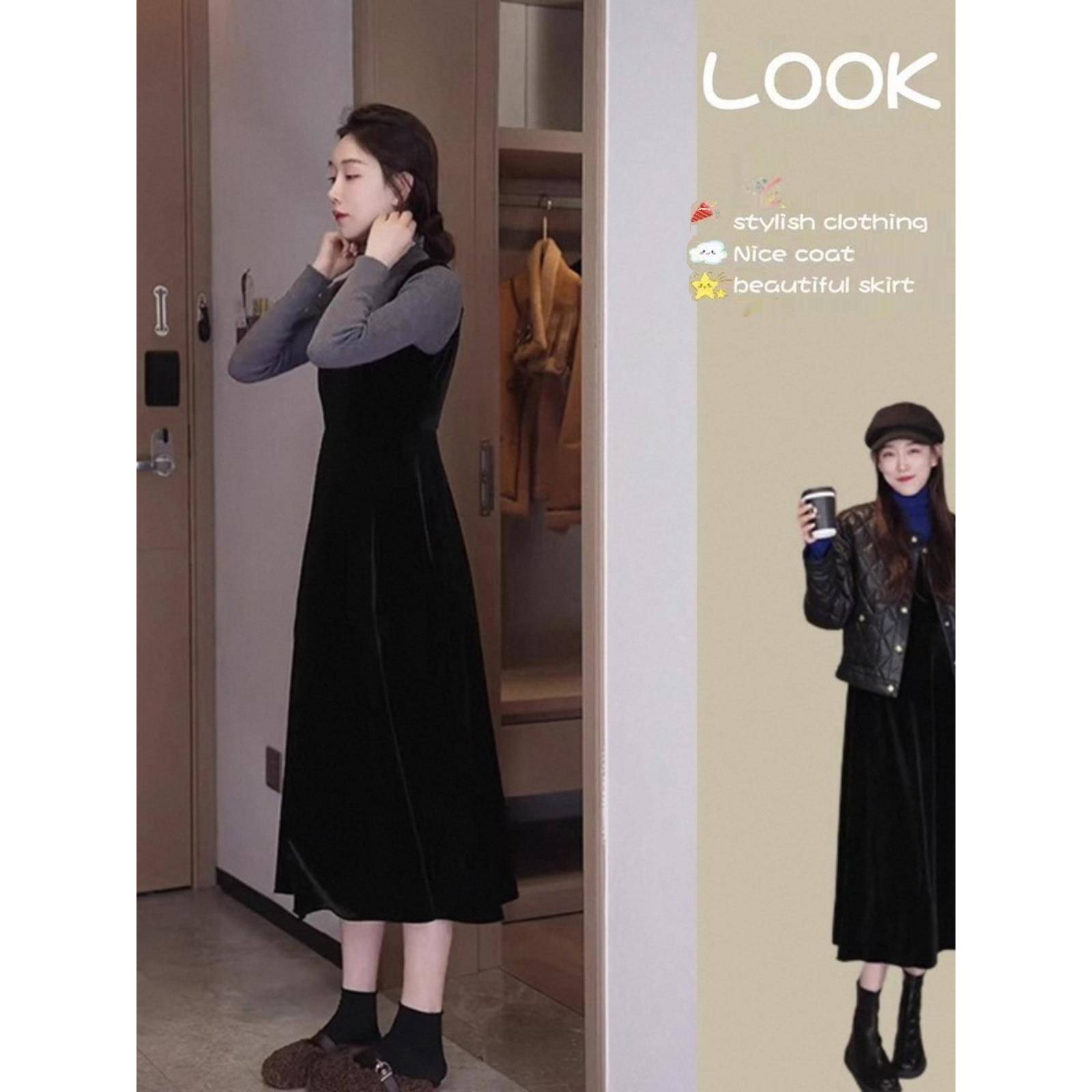 丝绒吊带连衣裙女秋冬季欧货内搭外穿长裙收腰显瘦中长款小黑裙