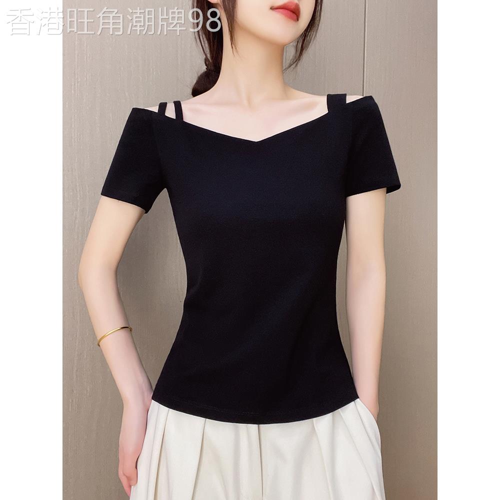 一字V领露肩短袖T恤女设计感单双肩带显瘦露背上衣2026夏季新款潮