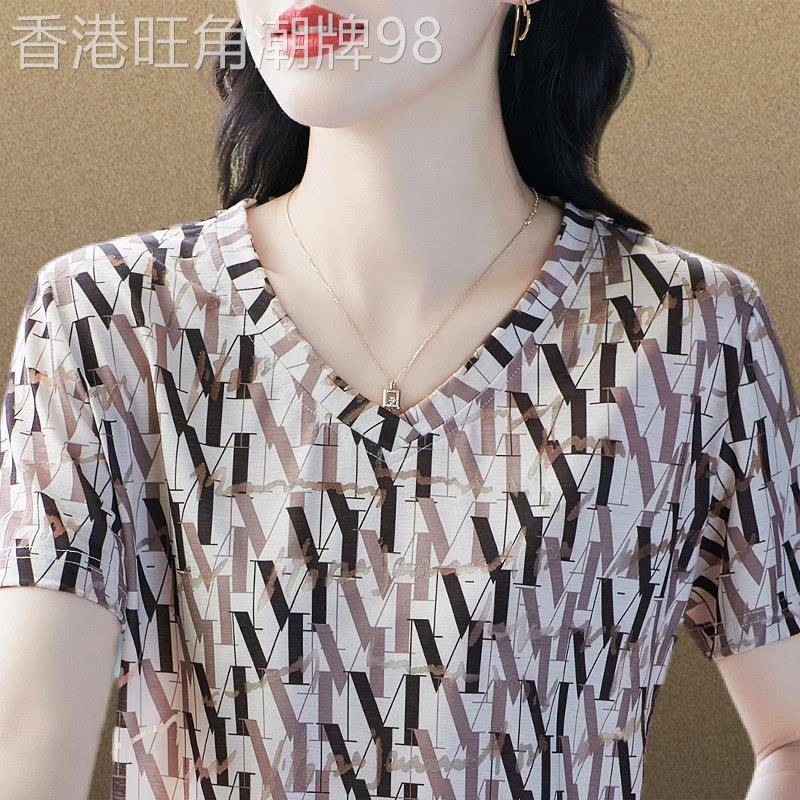 冰丝短袖t恤女士夏季薄款2025新款宽松显瘦印花透气V领速干上衣女