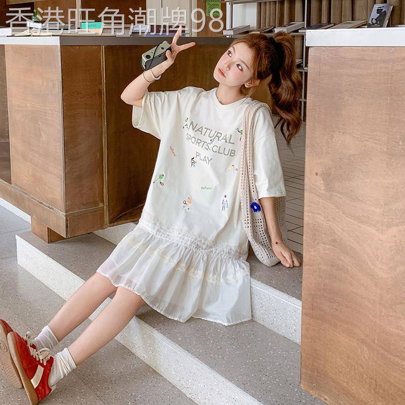白色连衣裙女夏季2026新款小个子宽松休闲俏皮减龄蕾丝拼接短裙子