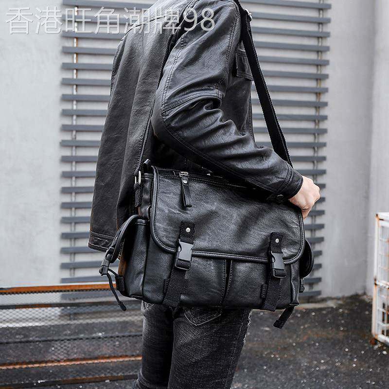 日系真皮男包斜挎包新款大容量时尚单肩包女ins潮技能工装邮差包