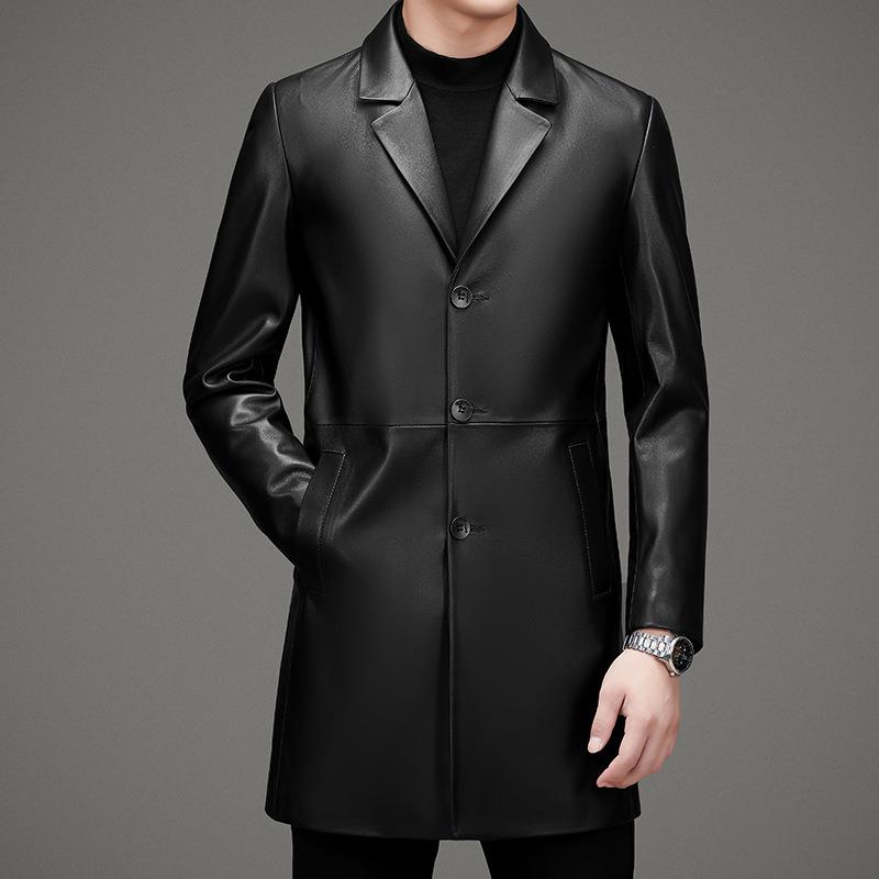 海宁新款真皮皮衣男风衣绵羊皮夹克西服中长款爸爸羽绒服软皮外套