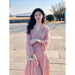 欧洲站春装女2025年新款高级感法式长裙温柔风粉色长袖碎花连衣裙