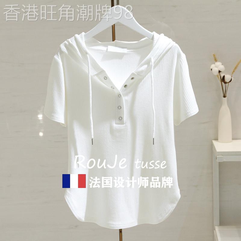 法国Rouje tusse白色连帽t恤女短袖夏季修身显瘦百搭半袖T恤上衣