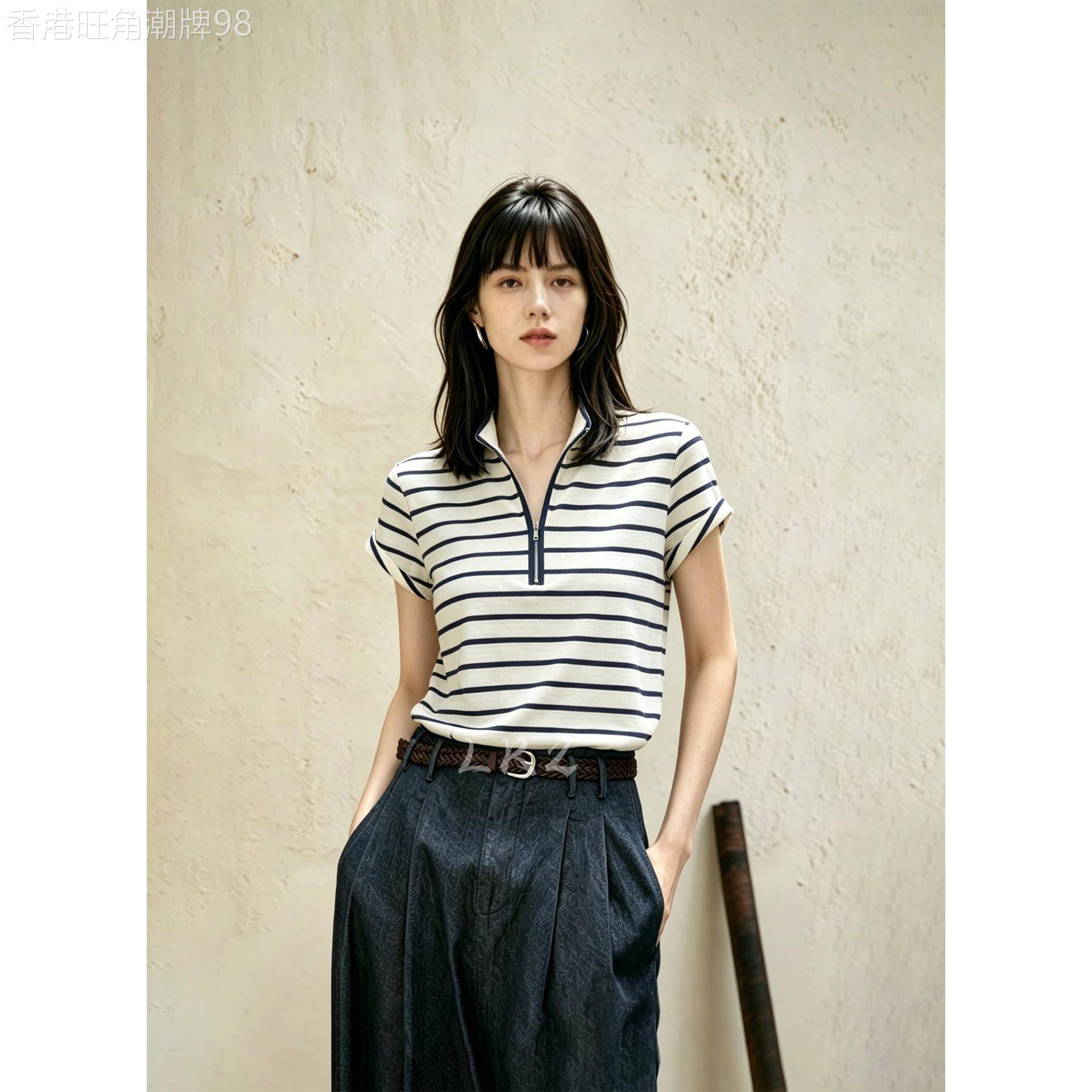 法式半开立领拉炼门襟黑白条纹Polo衫女夏季新款时尚休闲套头上衣