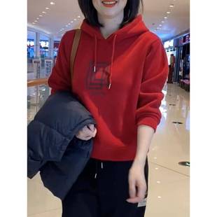 红色抽绳连帽卫衣女秋冬季欧货大码胖mm加绒加厚短款宽松显瘦上衣