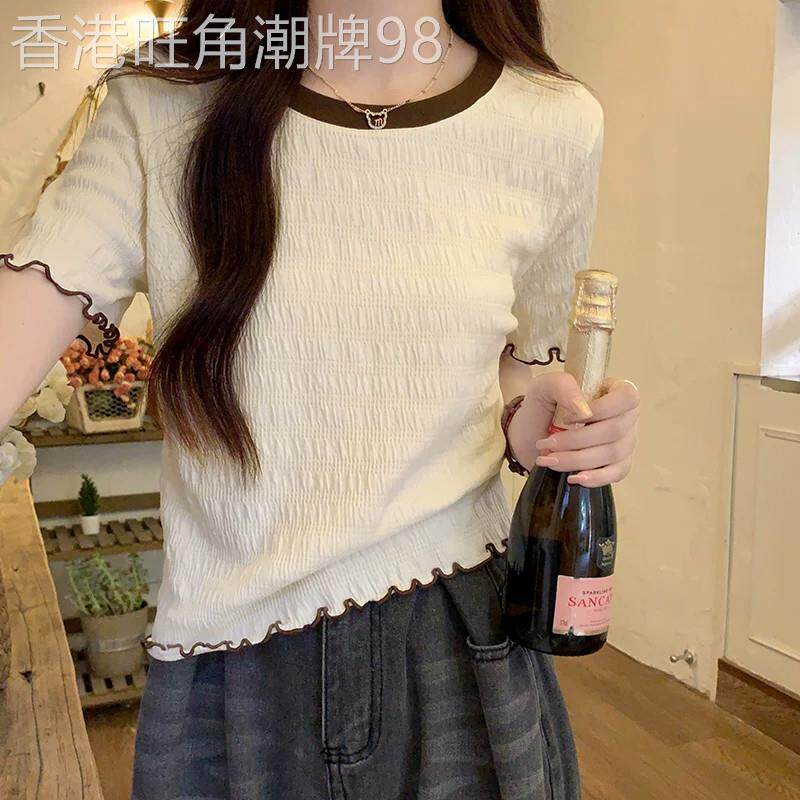 2026夏季新款撞色木耳边薄款短袖女韩系减龄短款雪纺百搭T恤上衣