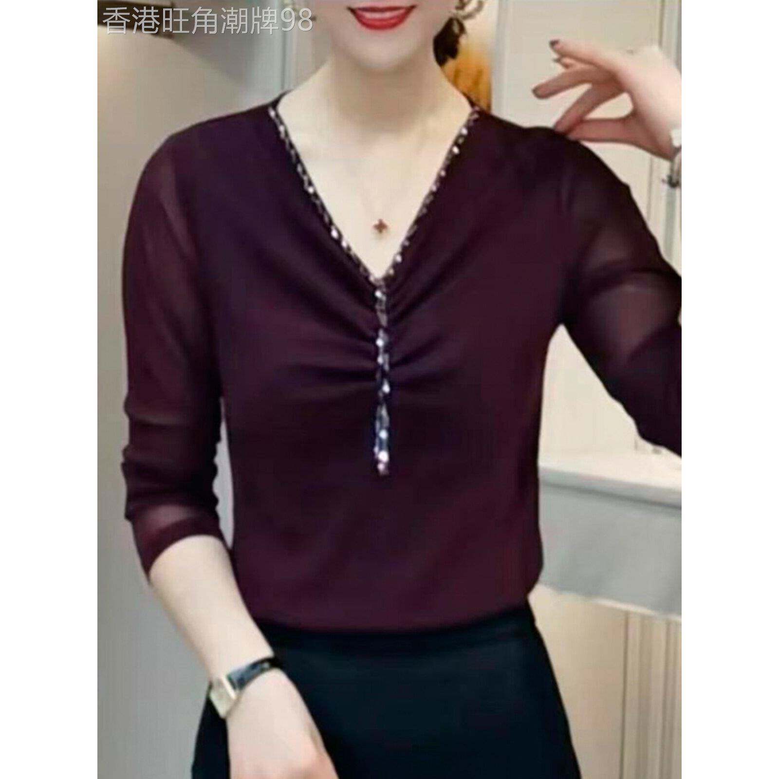 韩国秋季新款早秋显瘦时尚V领串珠气质长袖修身百搭洋气女神打底