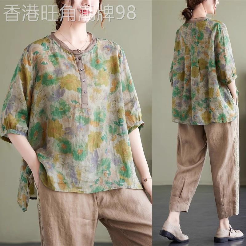 潮牌大码中年妈妈棉麻套装女夏季复古中袖遮肉t恤衬衫洋气两件套