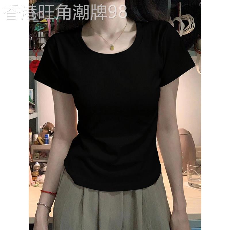 美式辣妹圆领正肩短袖t恤女夏装2025新款修身遮肚子显瘦大码上衣