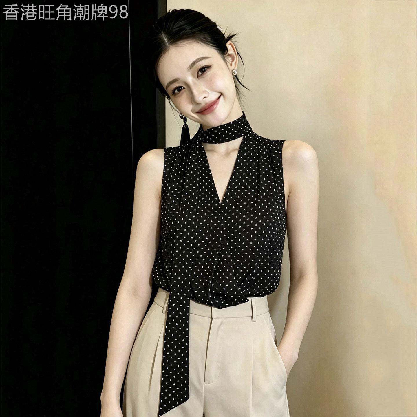 班奈悦高级感复古V领飘带无袖雪纺衫女夏季波点洋派显瘦气质上衣