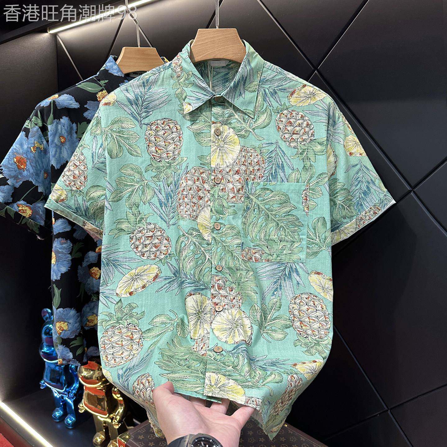 潮牌海边度假凤梨印花短袖衬衫男士夏季夏威夷风宽松翻领透气衬衫