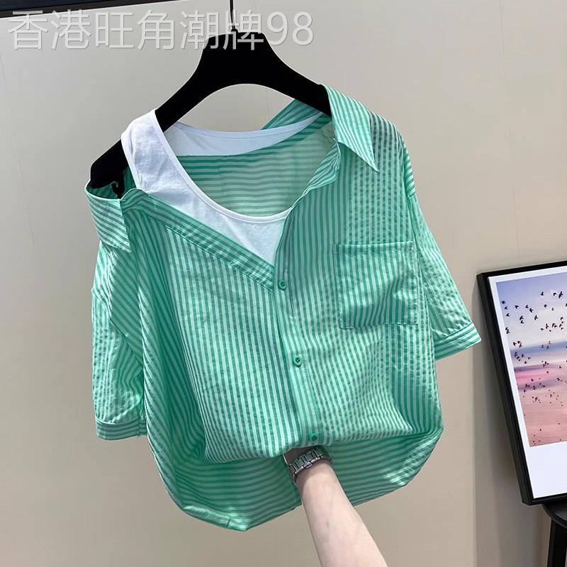 条纹雪纺衬衫女短袖夏季薄款2026新款宽松设计感小众露肩衬衣上衣