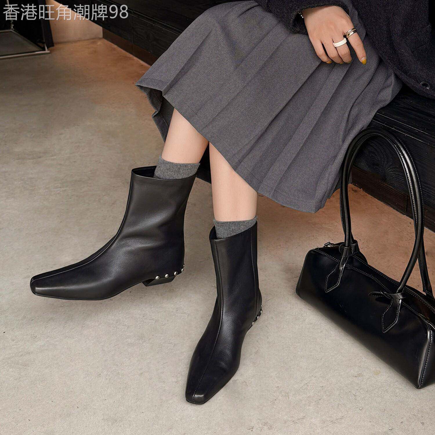时髦进阶~ 老钱风高级感真皮铆钉配裙子短靴女方头粗跟女靴秋冬季