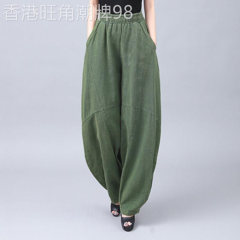 绿色苧麻做旧垂感宽松灯笼裤女士春夏季欧货宽松棉麻太极裤长裤子