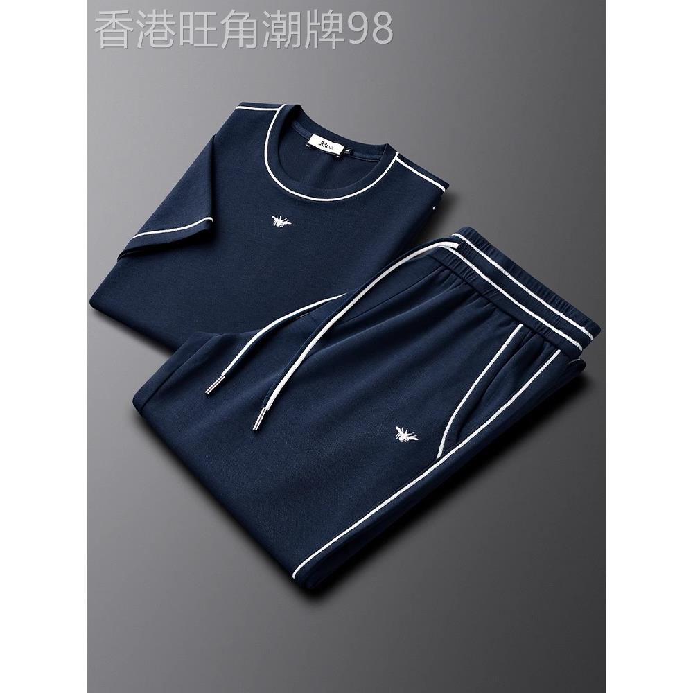 高档莫代尔棉休闲运动套装男士夏季薄款潮流蜜蜂刺绣修身两件套男