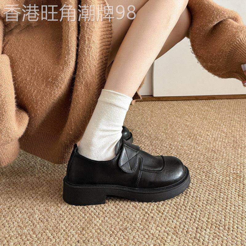英伦风真皮低跟黑色乐福鞋子女春季新款圆头小皮鞋防水大头单鞋子