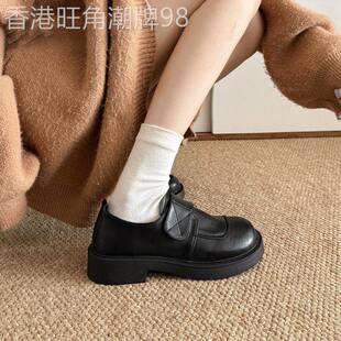 英伦风真皮低跟黑色乐福鞋子女春季新款圆头小皮鞋防水大头单鞋子
