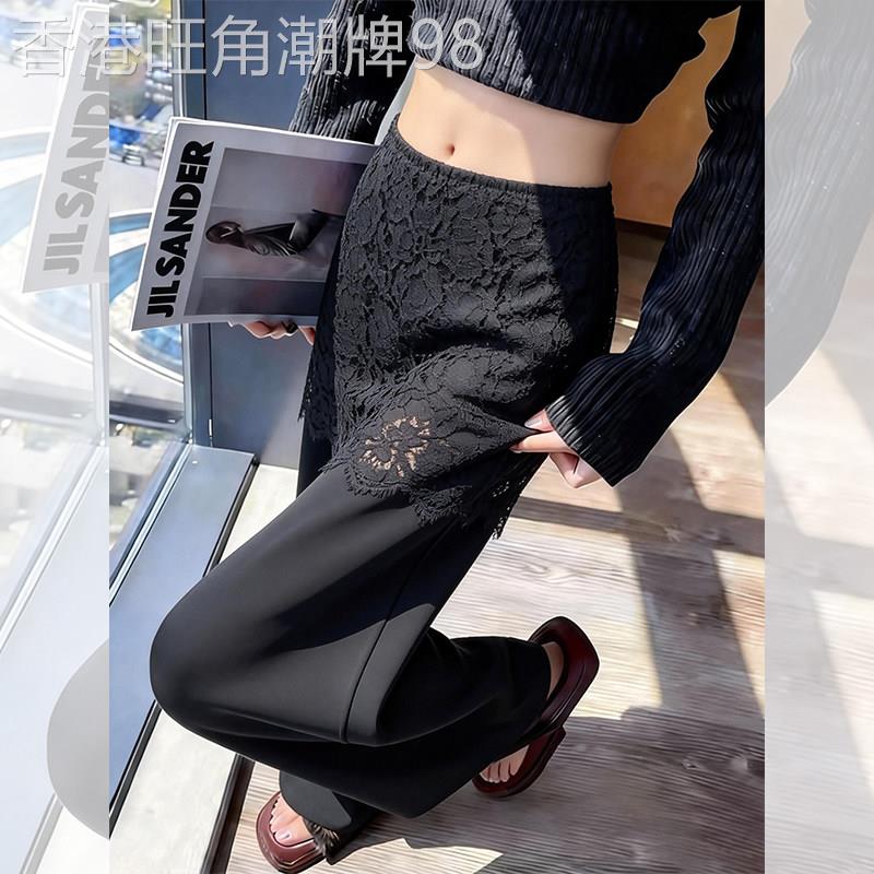 黑色蕾丝拼接休闲裤子女2026春季新款宽松慵懒松弛高级感阔腿长裤