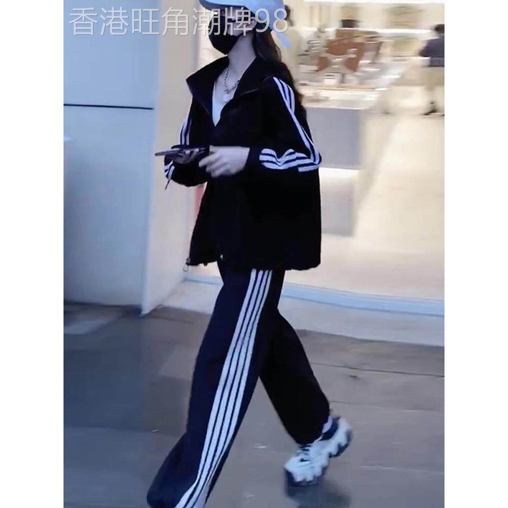 时尚运动套装女2026年春秋新款韩版宽松连帽运动衫三条杠裤子两件