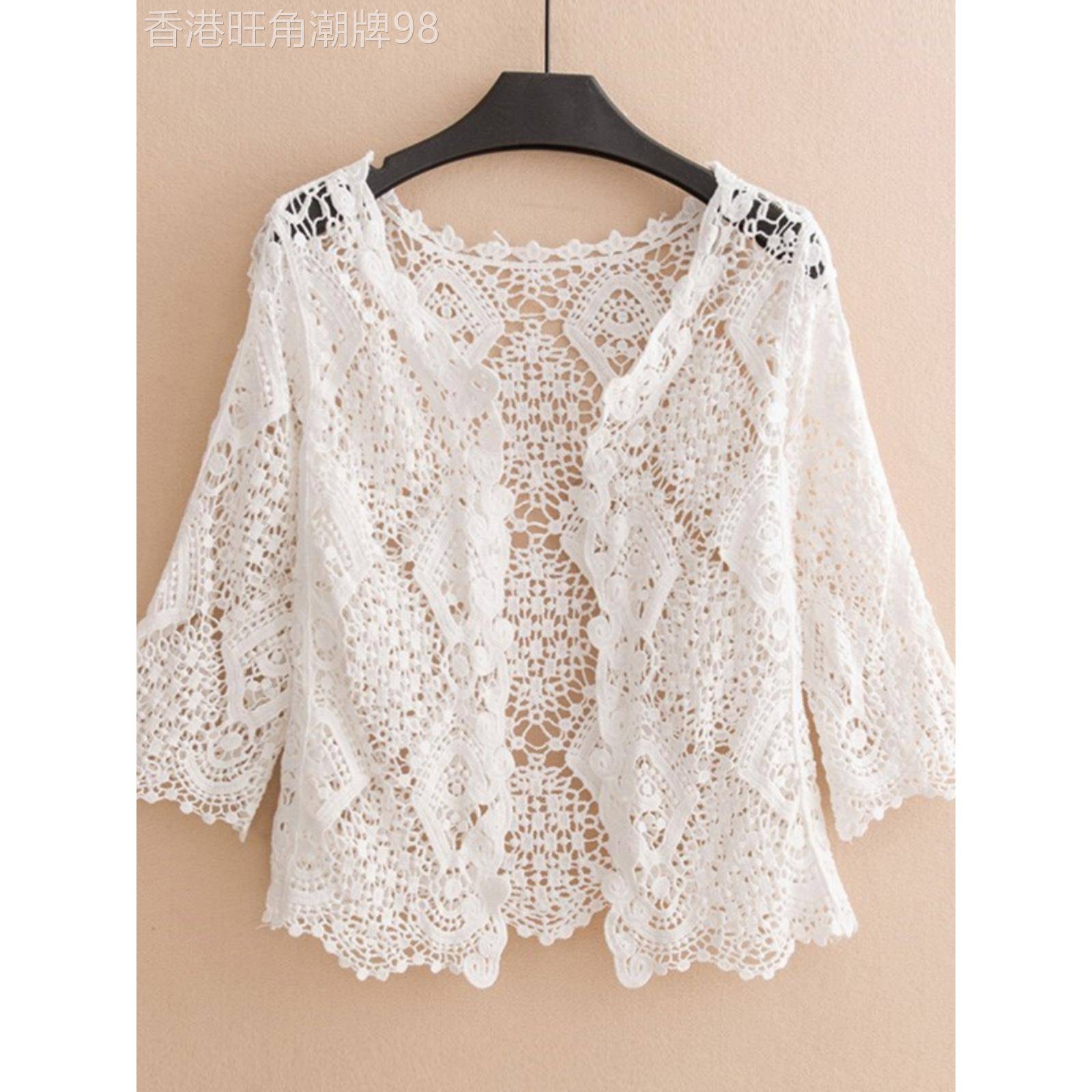 韩国夏季薄款七分袖披肩外搭新款蕾丝坎肩外套女装开衫镂空防晒衣