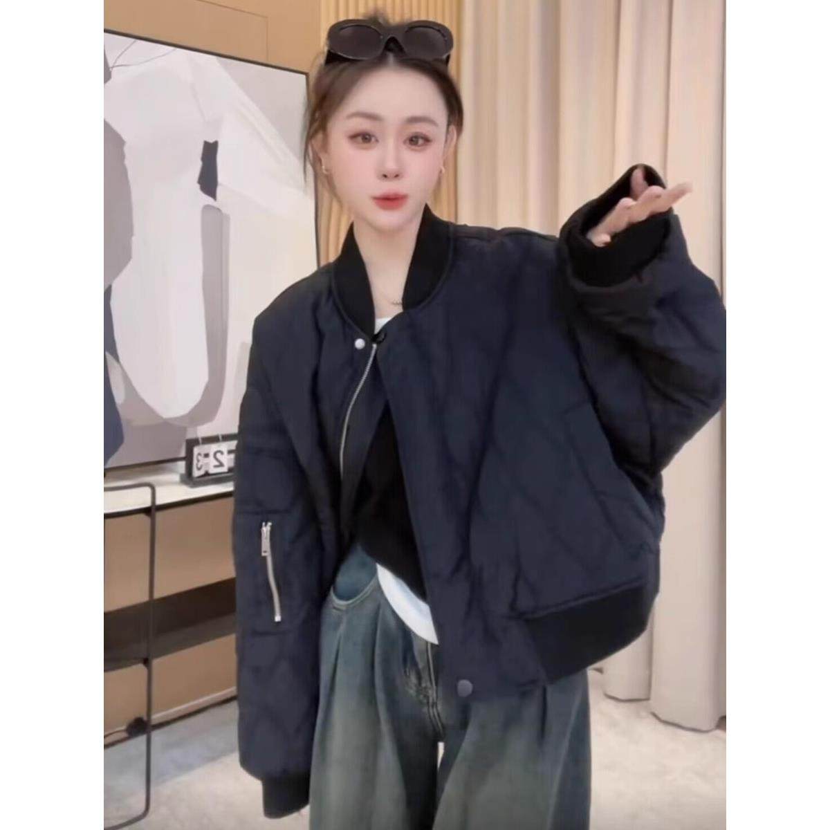 棉服女2025年新款秋冬季宽松小个子轻薄夹棉菱格棒球服棉衣外套女