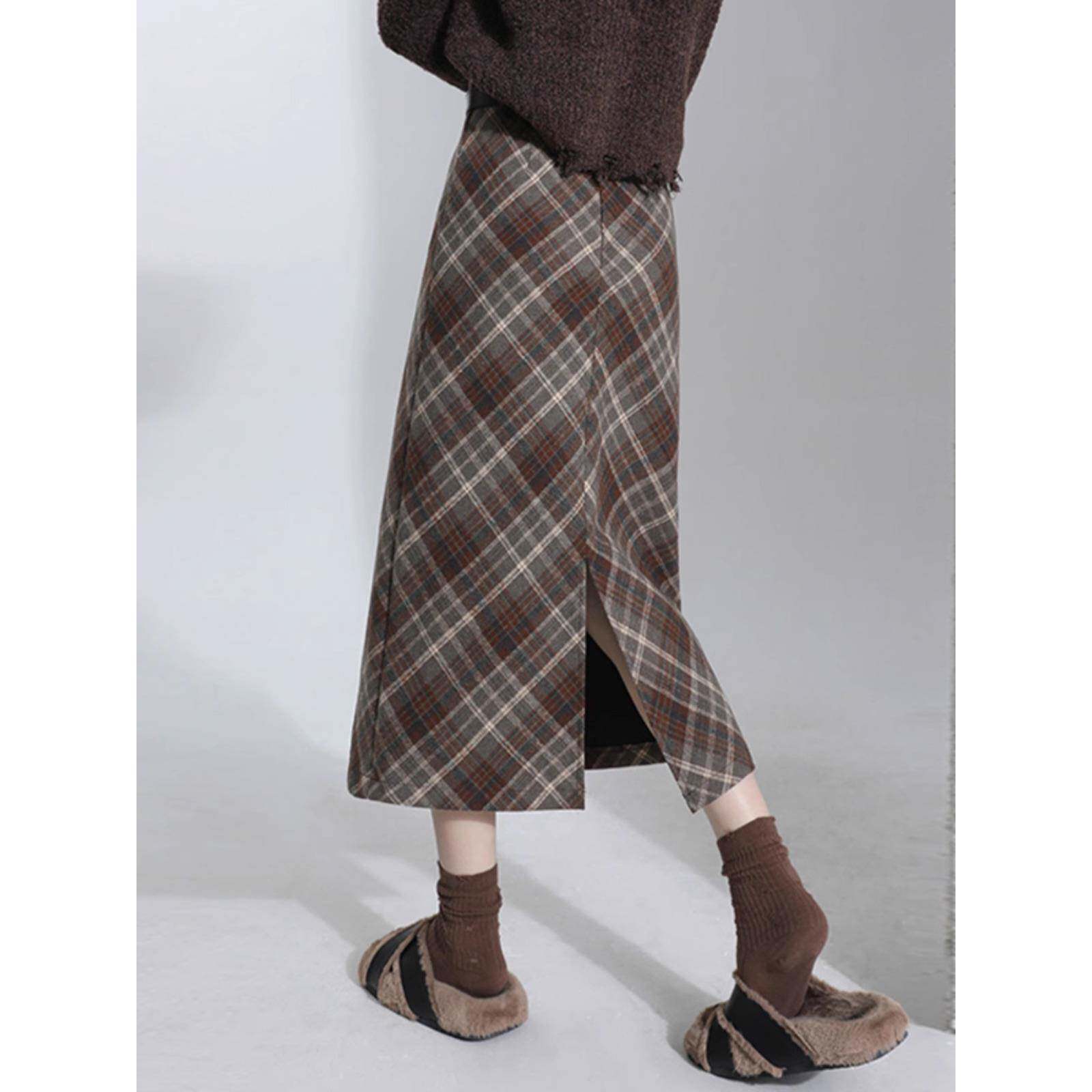 格子毛呢半身裙女2025新款秋冬季加厚a字高腰中长款开叉包臀长裙