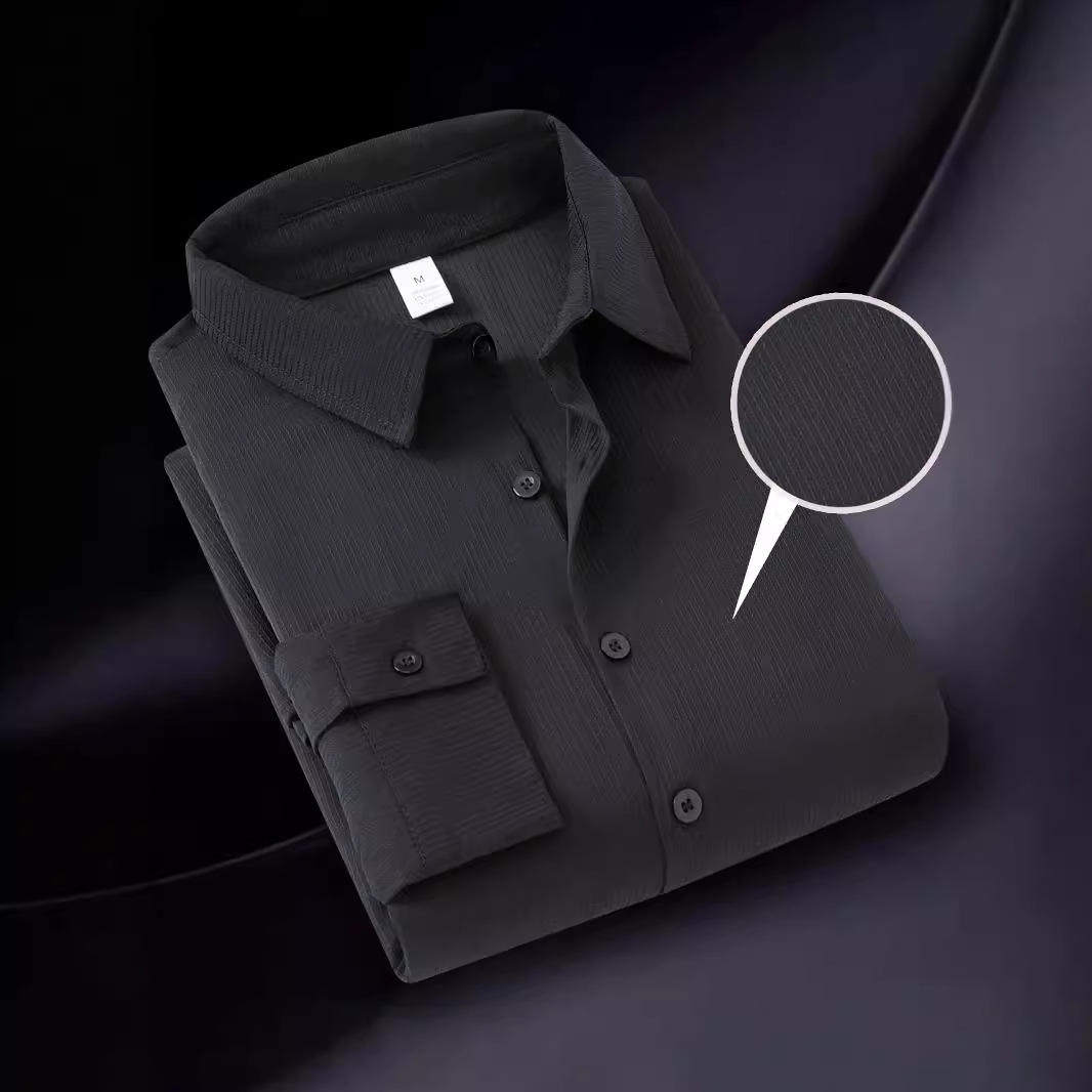 跨境秋季翻领纯色单排扣男式商务长袖衬衫衬衣免烫格子免烫处理