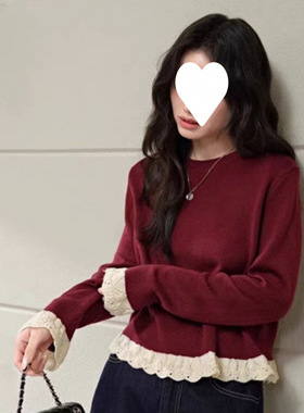 阔色红色假两件毛衣女秋季新款黑色镂空花边针织打底上衣秋冬