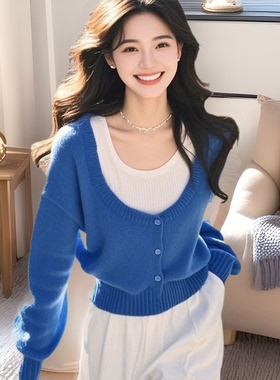 韩系宽松慵懒蓝色假两件针织毛衣高级感穿搭漂亮简约风休闲小衫潮