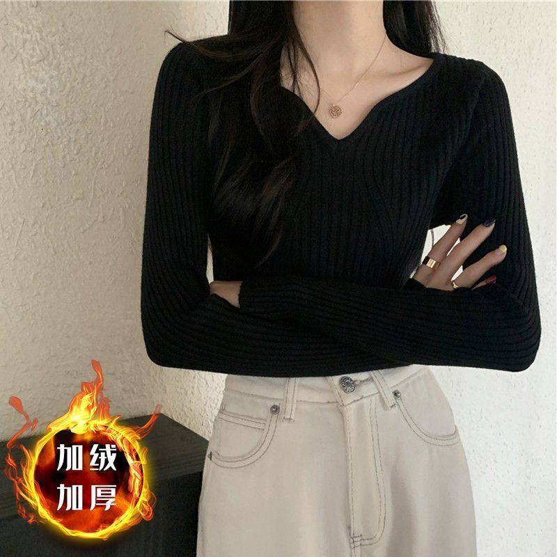 黑色加绒加厚毛衣打底衫女秋冬季新款紧身内搭v领长袖针织衫上衣