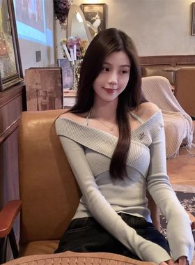 纯欲甜辣挂脖交叉一字肩针织上衣女短款秋冬内搭紧身毛衣打底衫女
