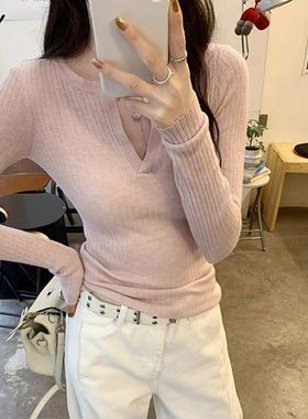 温柔风纯色v领长袖针织衫女装秋冬修身内搭打底衫小个子别致上衣