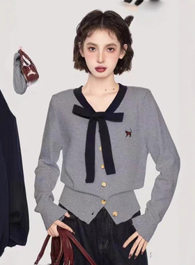 灰色蝴蝶结针织开衫女早秋冬季短款外搭打底小个子毛衣外套女上衣