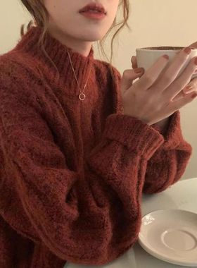 日系温柔风麻花毛衣女秋冬设计感小众慵懒风打底半高领针织衫上衣