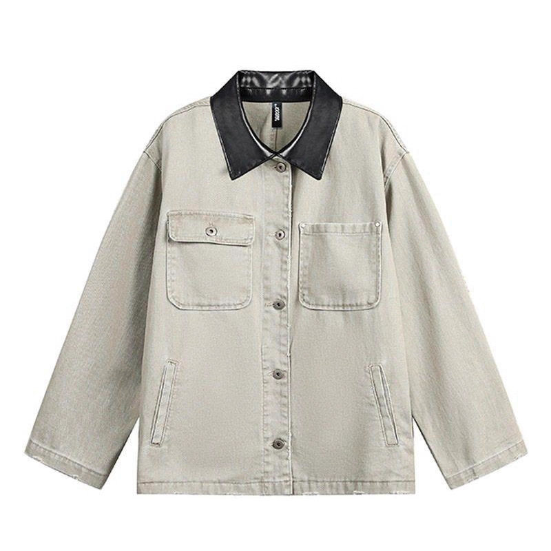 灰色大码皮领牛仔外套女