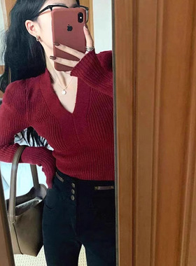 泡泡袖针织衫女外穿秋冬纯欲v领上衣打底衫内搭高级感可外穿毛衣