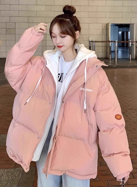 粉色棉衣棉服女短款2025新款冬季韩版加厚少女外套假两件羽绒棉袄