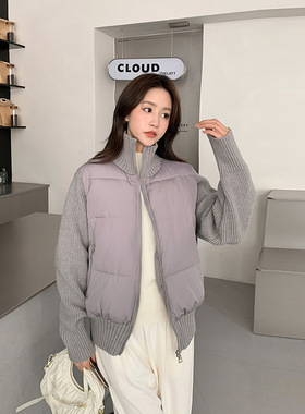 新款泡芙撞色拼接针织加绒棉服女2025韩版小个子立领高级感外套