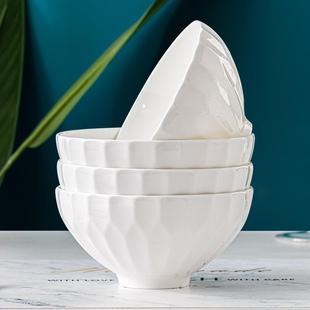 大汤碗面碗 家用骨瓷碗纯白饭碗10只浮雕微波炉专用餐具陶瓷碗套装