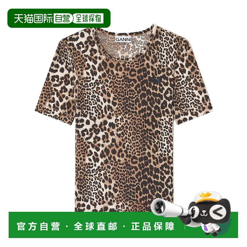 香港直邮Ganni 豹纹罗纹T恤 T4405短袖