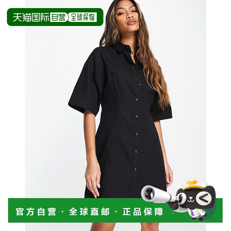 1h可退 香港直邮ASOS 女士 设计斜纹布迷你衬衫式连衣裙(黑色)