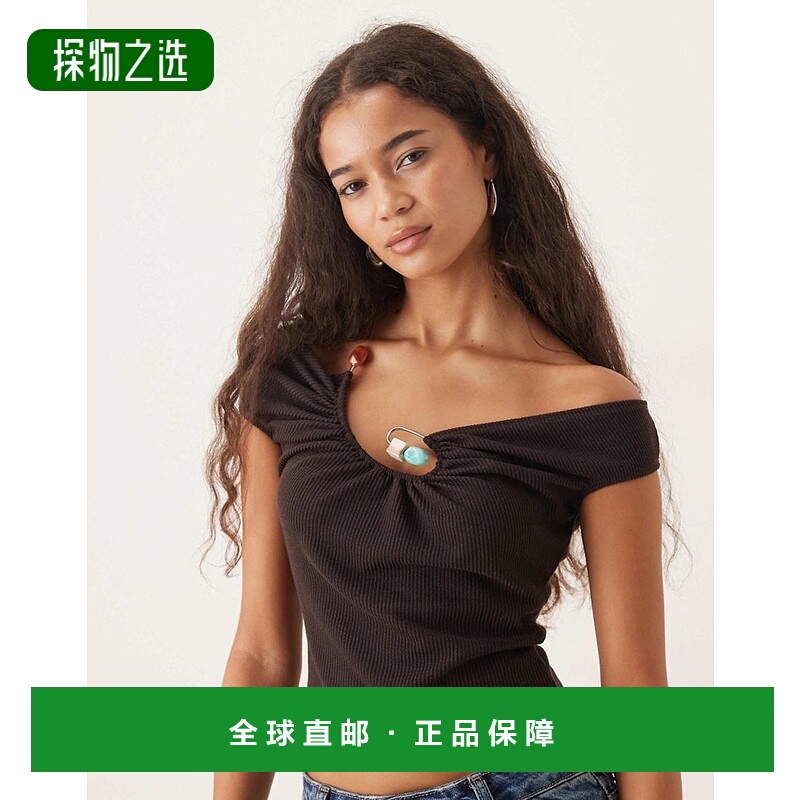 香港直邮ASOS 女士 设计饰边无袖罗纹巧克力色上衣