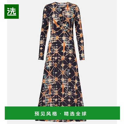 1h可退 香港直邮ULLA JOHNSON 女士 Naia 褶皱印花针织中长连衣裙