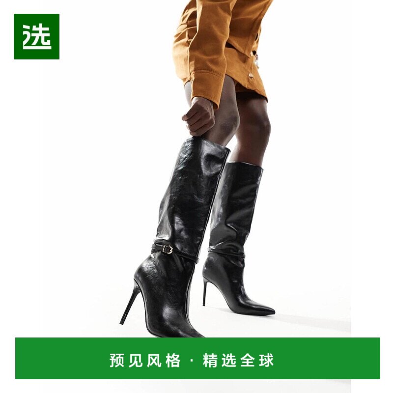 1h可退 香港直邮ASOS 女士 Crowd 设计高跟尖头及膝搭扣靴子(黑色
