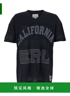 1h可退 香港直邮Erl 男士 Front 黑色V领长款徽标印花棉质T恤 ERL
