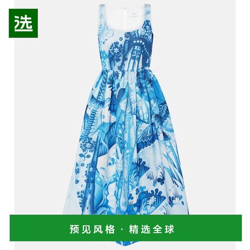 1h可退 香港直邮Erdem 女士 印花棉混纺罗缎中长连衣裙 blue蓝色