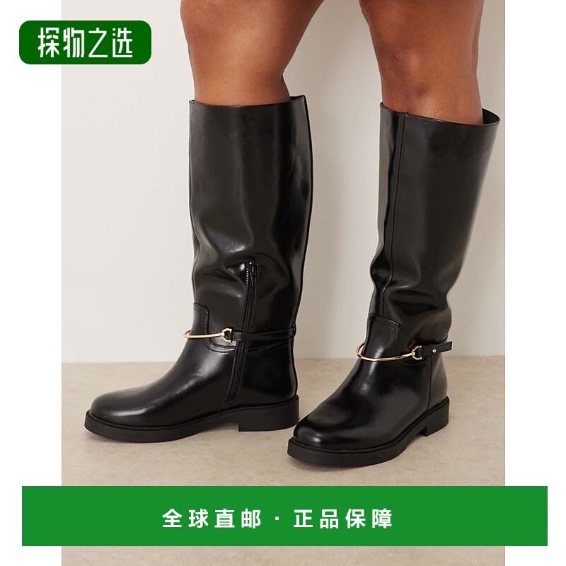 香港直邮ASOS 女士 Curve Cole riding 设计平底及膝边靴子(黑色)